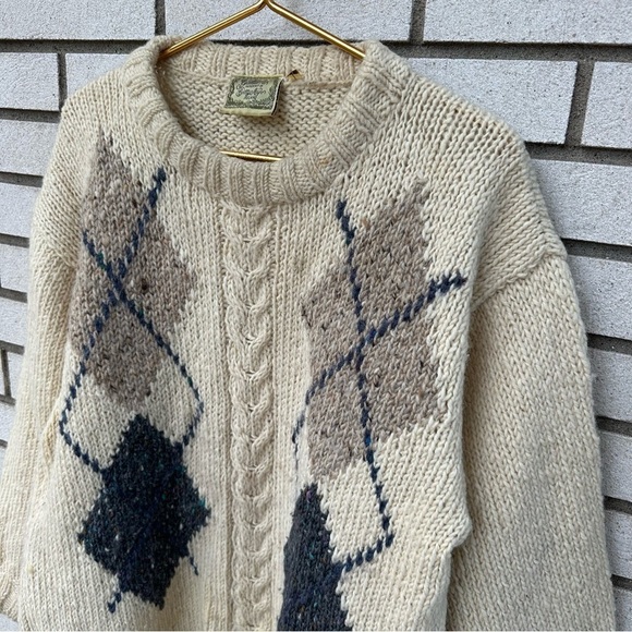 Vintage Gaeltarra Handknit Irish Wool Argyle Sweater Cream Gray Fishermancore - Picture 2 of 9
